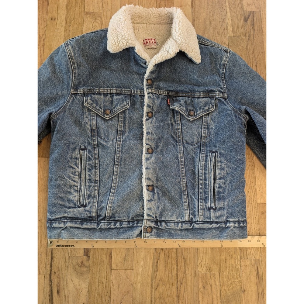 VTG 80s Levis Sherpa Lined Denim Trucker Jacket USA Made 70608 42R Streetwear - Picture 12 of 16